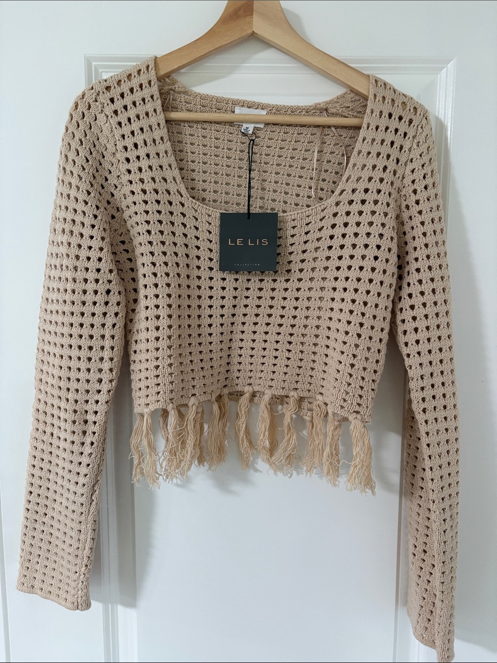 Le Lis Beige Crochet Fringe Crop Top